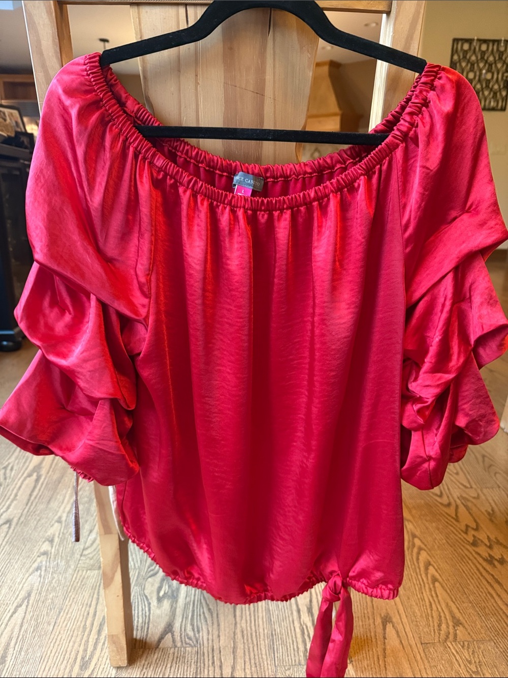 Vince Camuto Red Satin Off-Shoulder Ruffle Sleeve Top